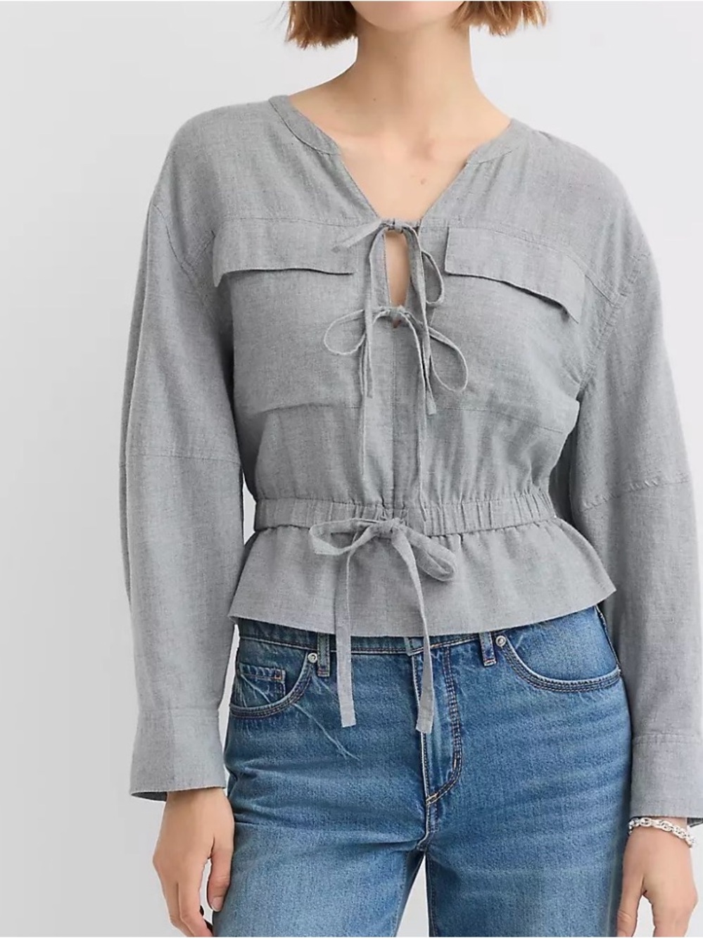 LOFT NWOT Gray Tie-Front Long Sleeve Blouse Twill Safari Peplum Top